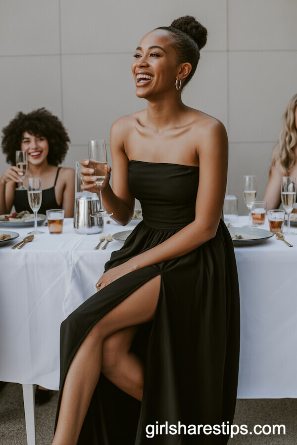 Strapless Black Maxi Dress with High Slit