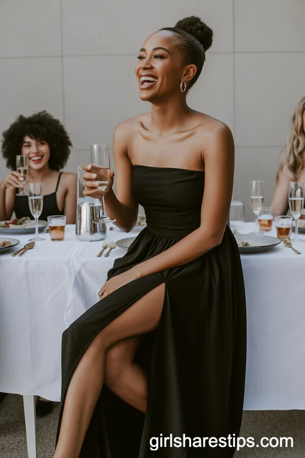 Strapless Black Maxi Dress with High Slit