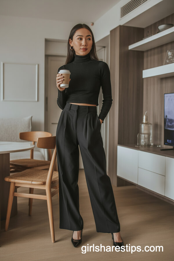 Black Turtleneck & Wide-Leg Trousers