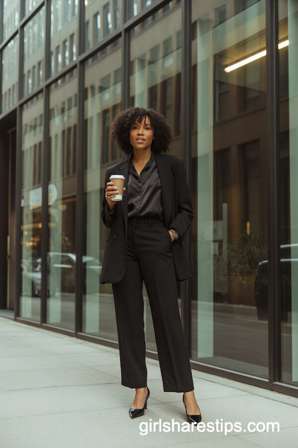 All-Black Tailored Suit & Patent Pumps