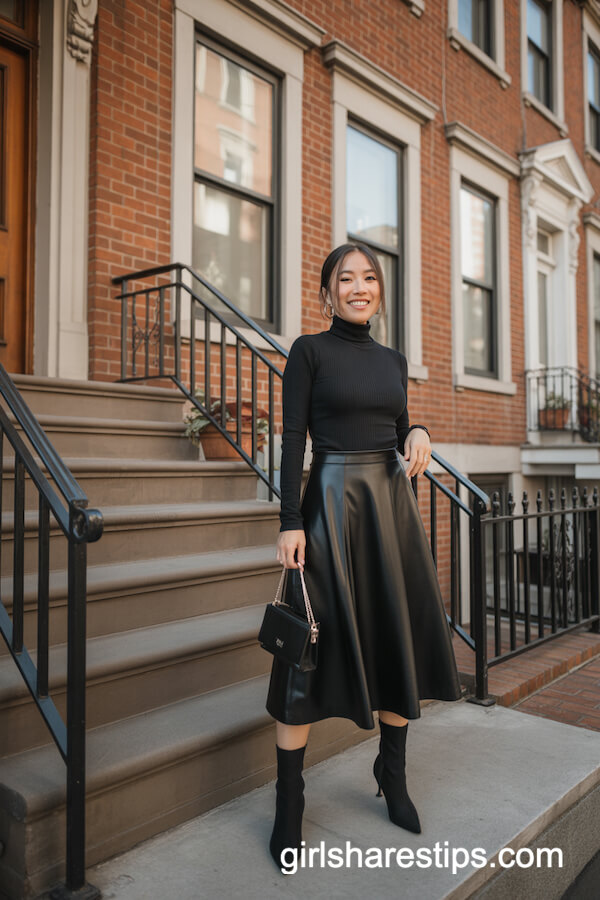 Fitted Turtleneck & A-Line Midi Skirt