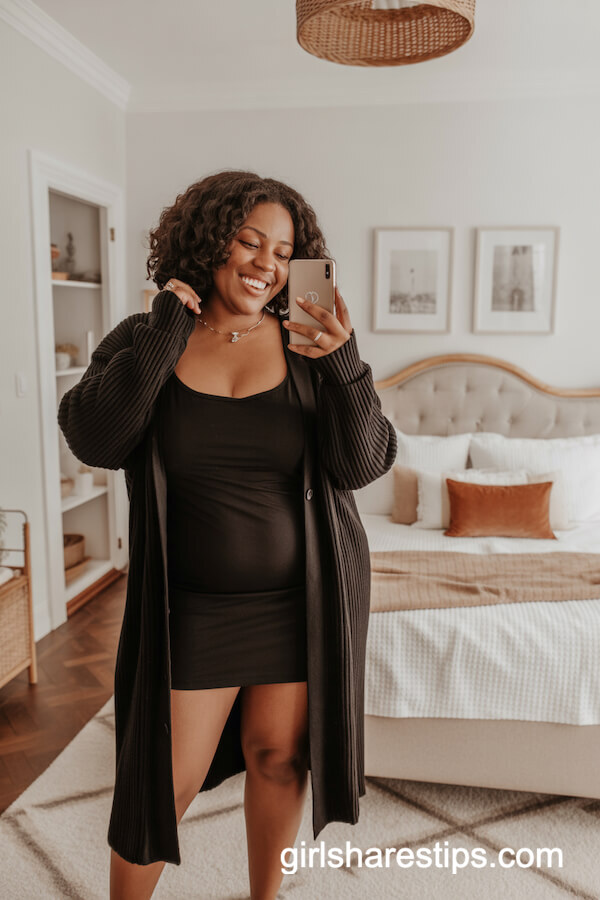 Ribbed Cardigan & Simple Black Dress
