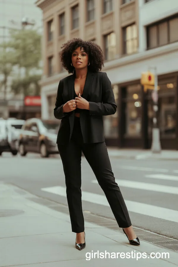 Fitted All-Black Pantsuit and Pointed Heels