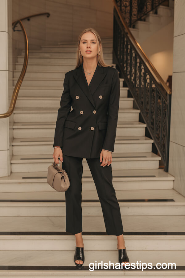 Double-Breasted Black Blazer and Cropped Trousers