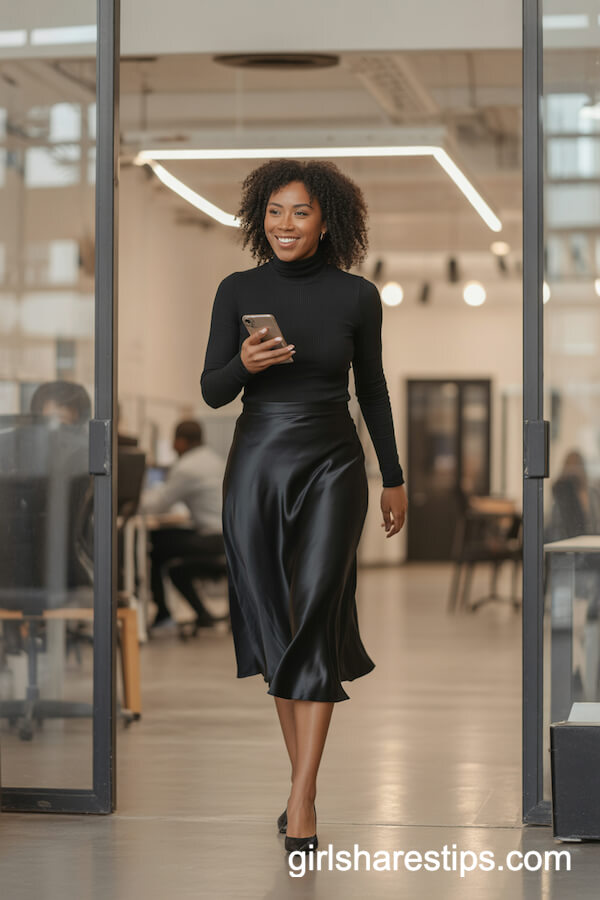 Black Turtleneck and Satin Midi Skirt