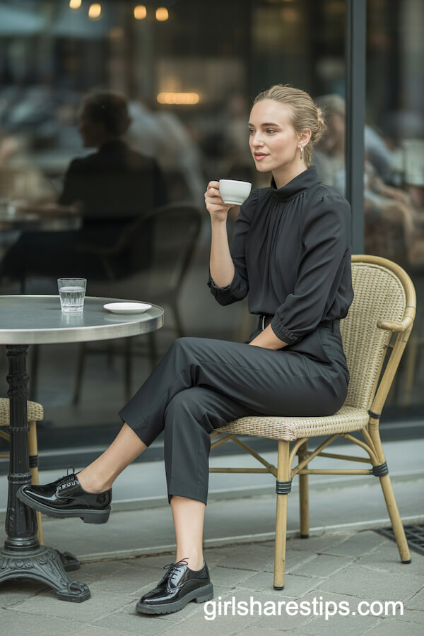 High-Neck Black Blouse Cropped Slacks
