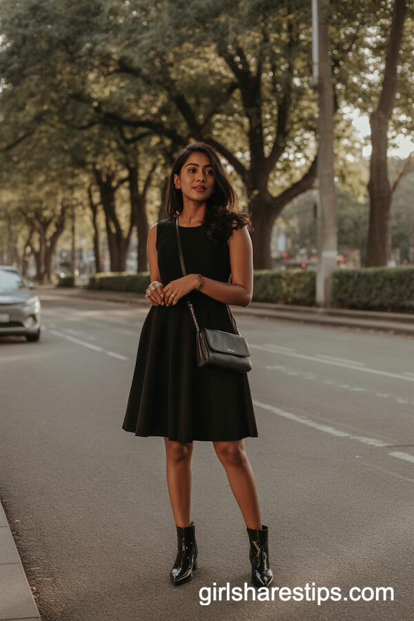Classic Black A-Line Dress with Ankle Boots