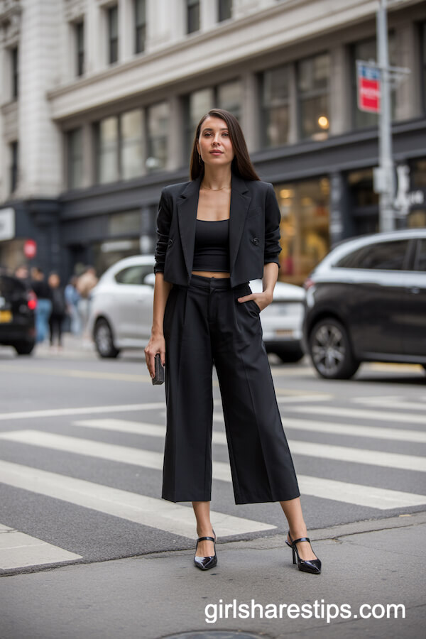 Cropped Blazer, Fitted Top, High-Waisted Culottes