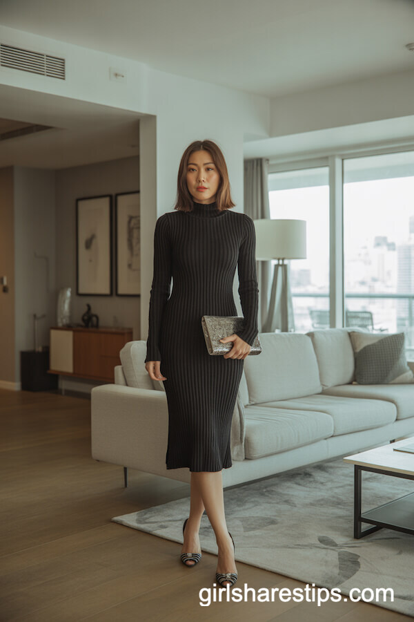 Figure-Hugging Black Knit Dress with Statement Heels