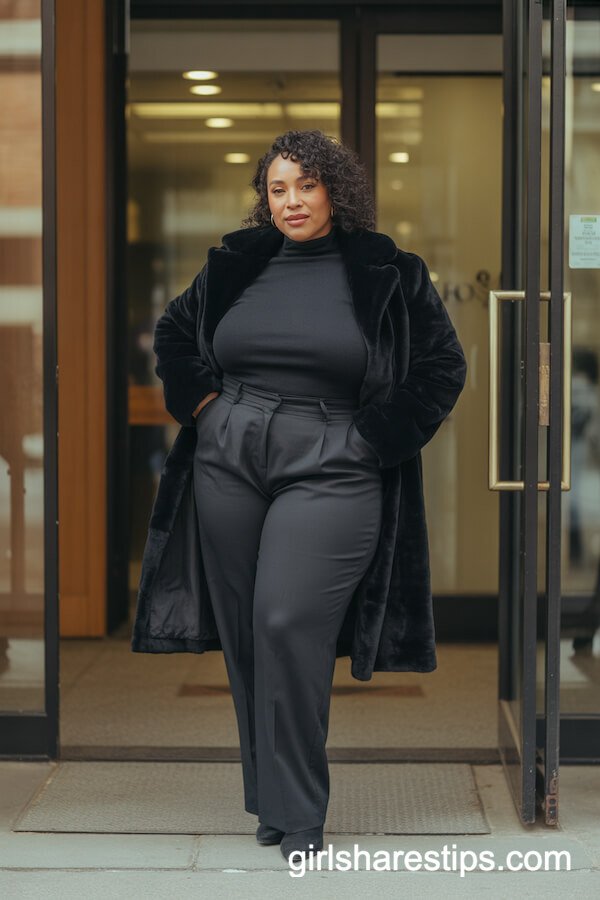 Black Trousers, Mock-Neck Top, Faux-Fur Coat