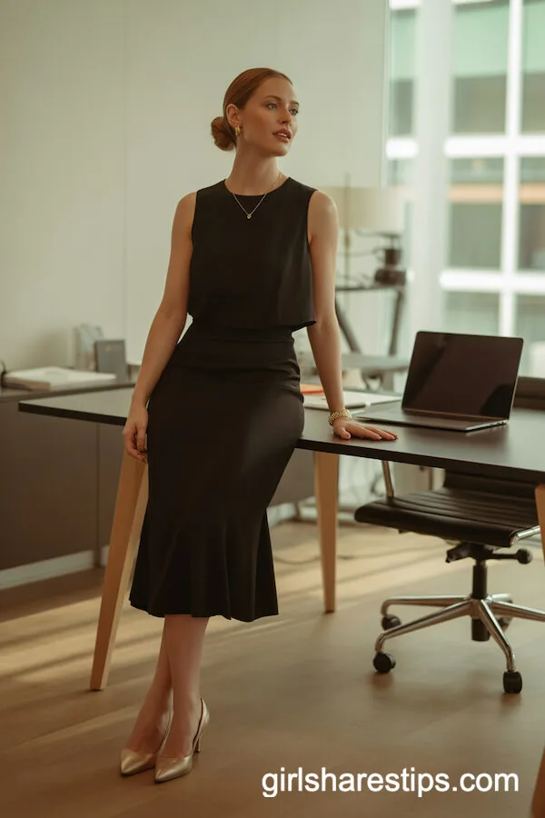 Sleek Black Midi Dress with Classic Pumps