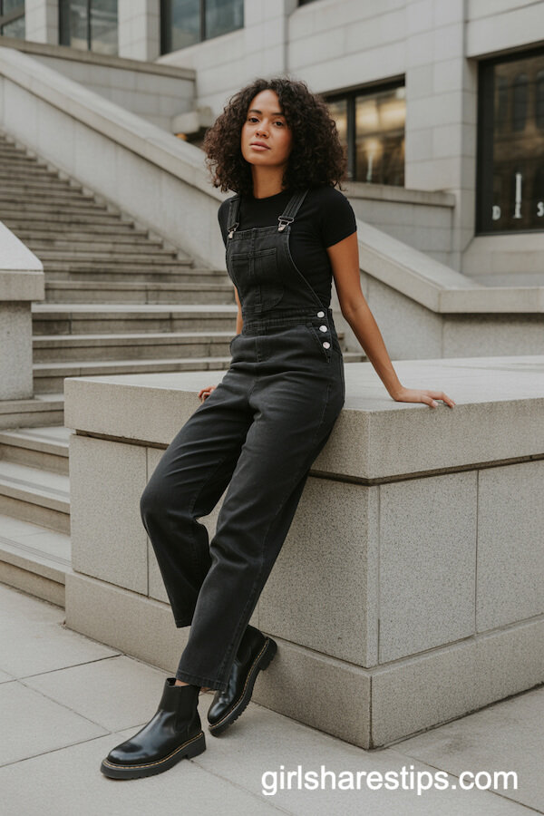 Black Overall Jumpsuit with Chelsea Boots
