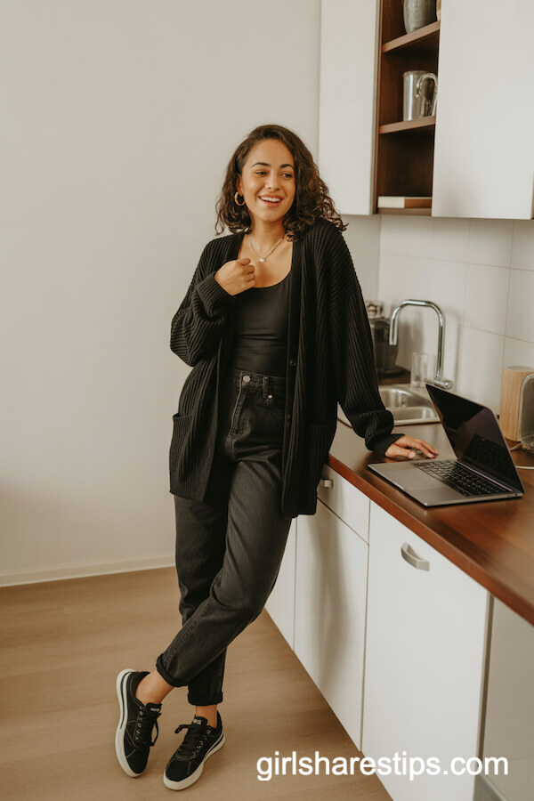 Casual Cardigan, Cami, Relaxed Jeans, Sneakers