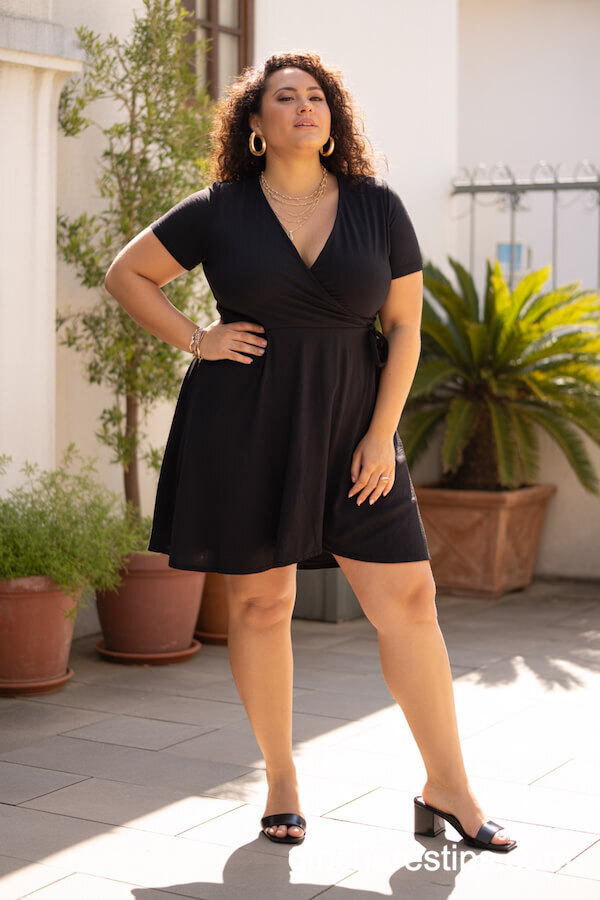 V-Neck Black Wrap Dress with Gold Accessories