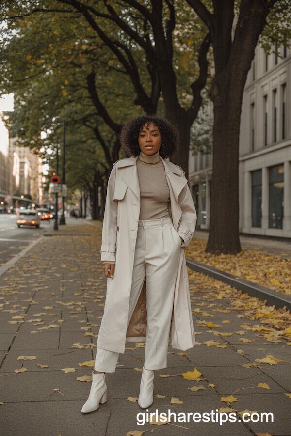 Long white trench coat with turtleneck and trousers