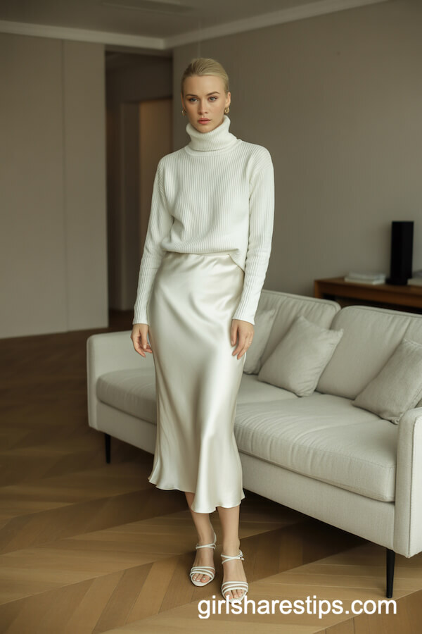 White turtleneck sweater with slip skirt