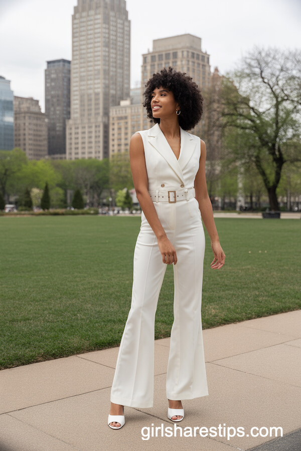 Tailored white jumpsuit with flared legs