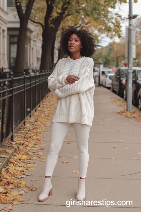 Oversized white knit sweater with leggings