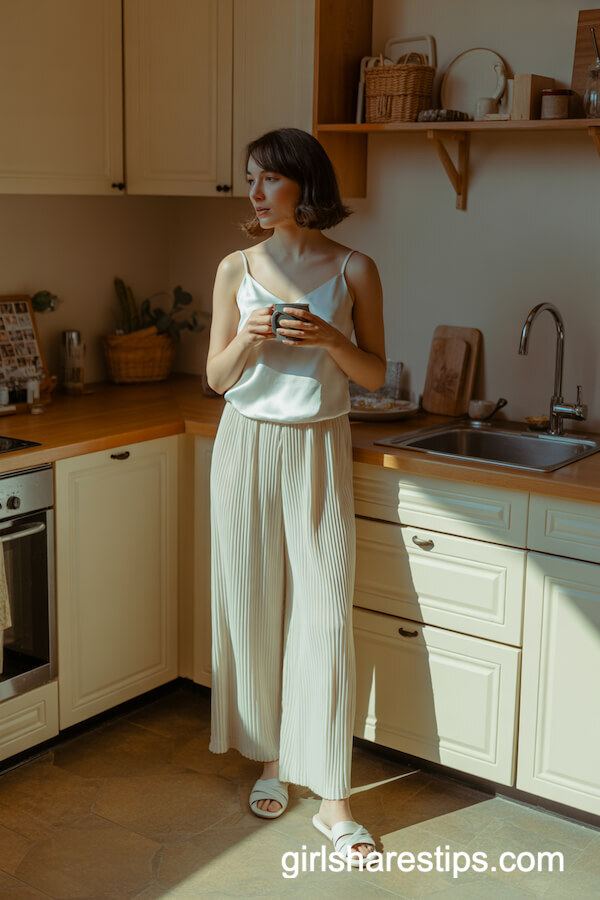 White satin camisole with pleated trousers