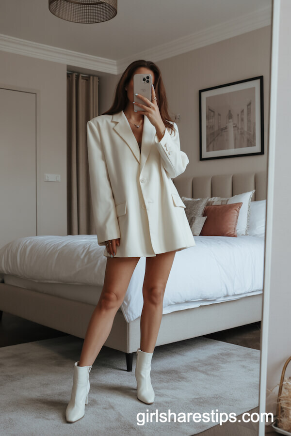 Oversized white blazer worn as dress