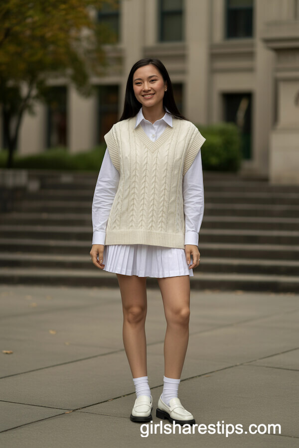 Sweater vest over button-down with pleated skirt