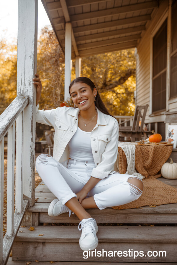 White denim jacket with distressed jeans
