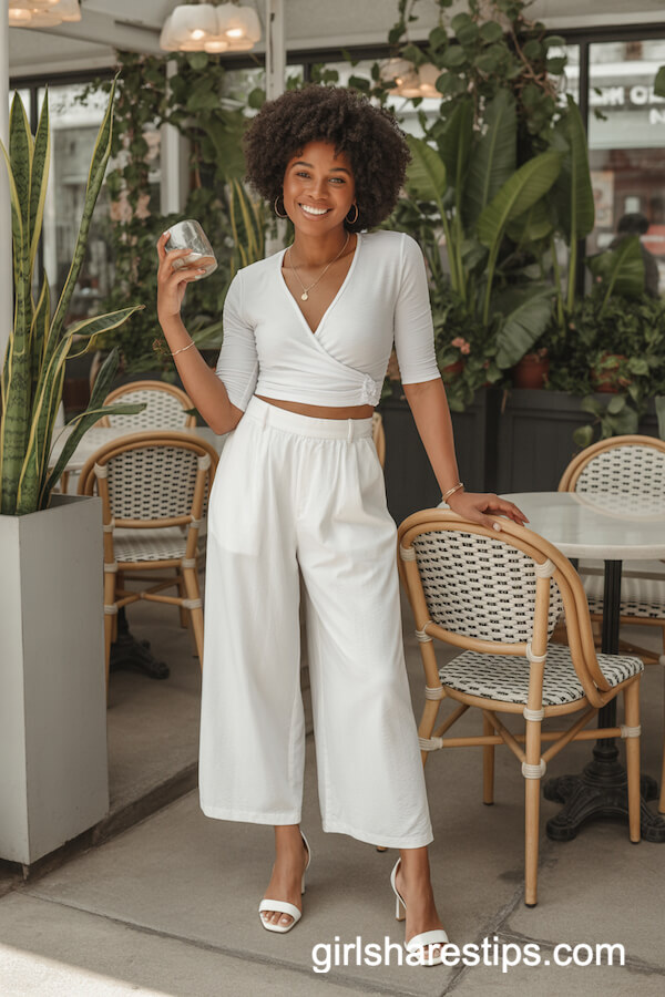 White wrap top with culotte pants