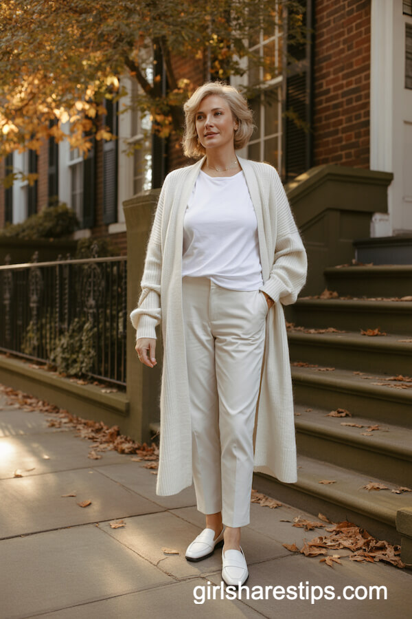 Long white knit cardigan with tee and slim pants