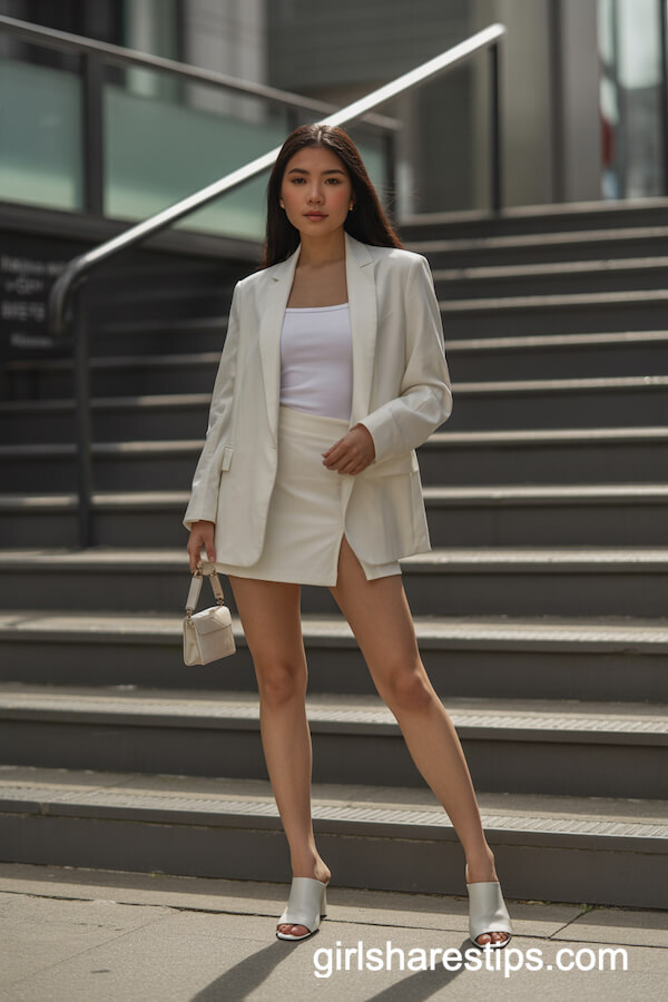 Fitted white blazer with mini skirt and camisole