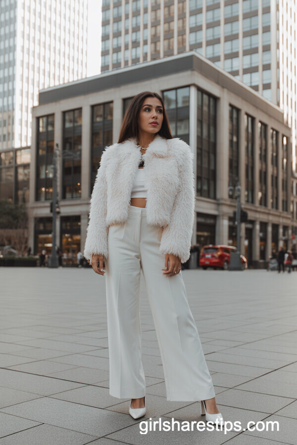 White faux fur cropped jacket with wide-leg pants