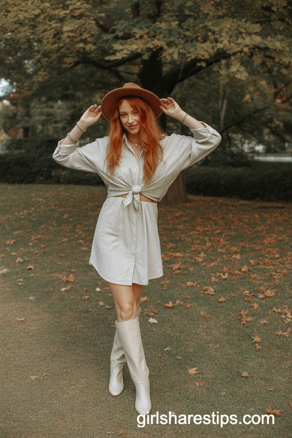 White shirt dress with tall boots