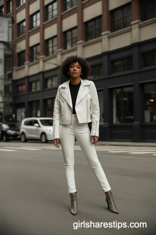 White faux leather moto jacket with leather pants