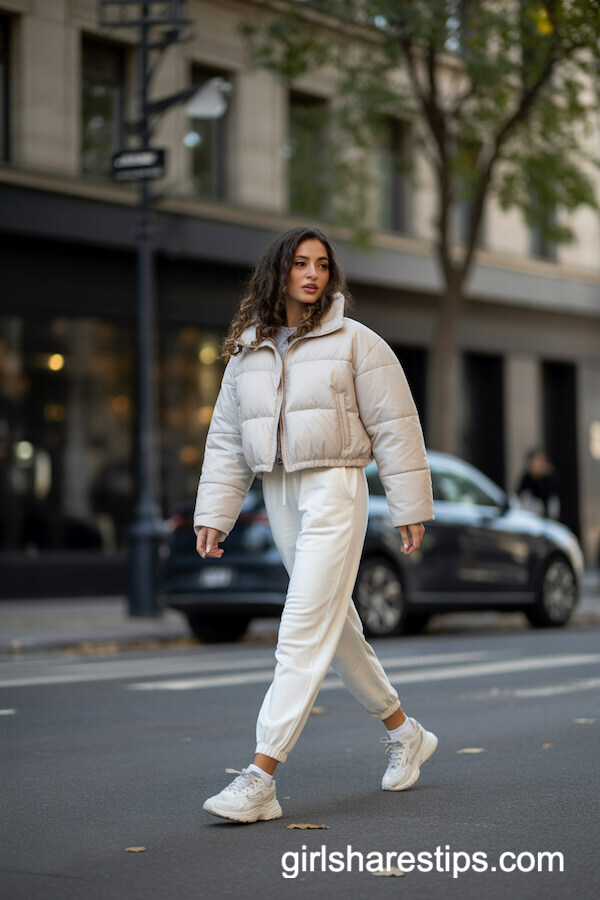 Cropped white puffer with joggers