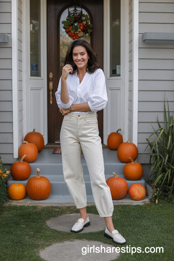 White blouse with balloon jeans
