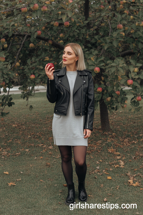 Leather Moto Jacket and Sweater Dress Look