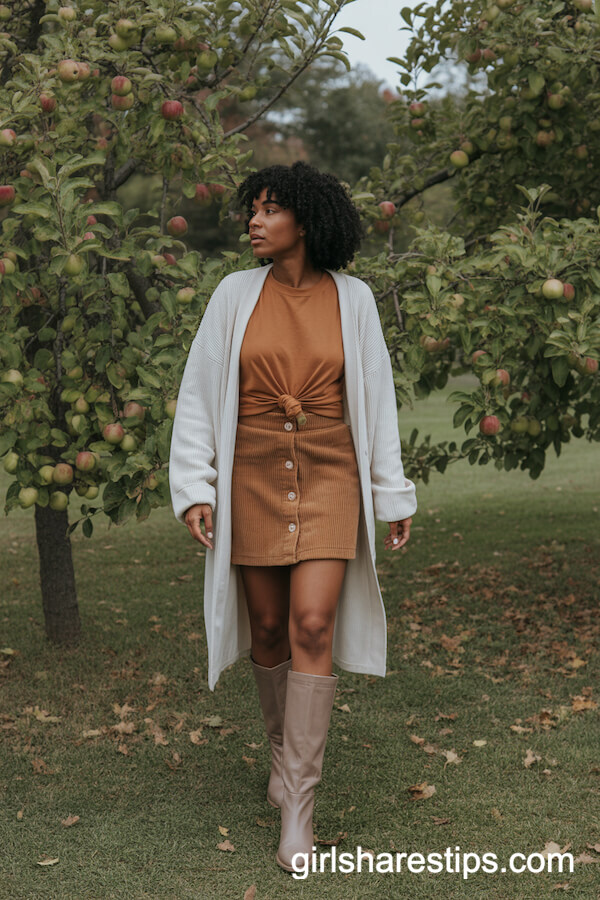 Corduroy Mini Skirt and Cardigan Outfit