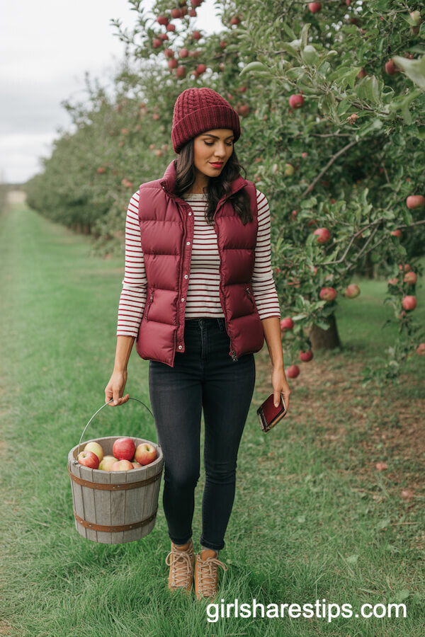Maroon Puffer Vest and Striped Top Layering