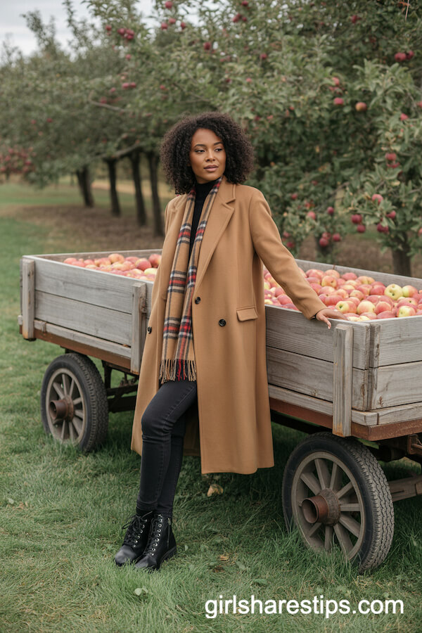 Classic Camel Coat with Plaid Scarf