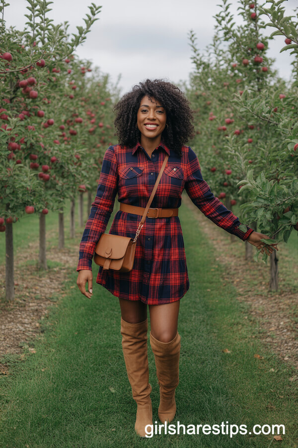 Plaid Dress with Knee-High Boots