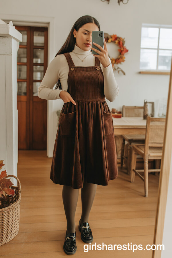 Corduroy Pinafore and Cream Turtleneck Pairing