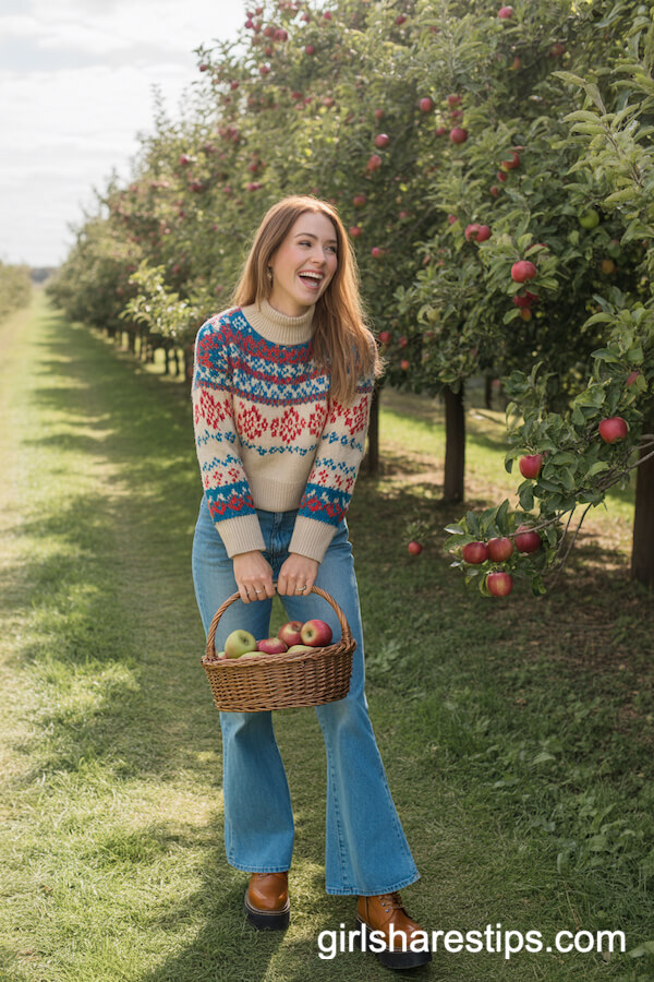 Fair Isle Sweater and Flare Jeans Ensemble