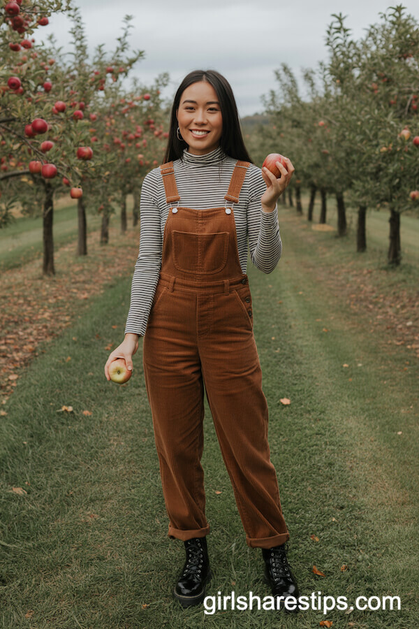 Corduroy Overalls with Striped Turtleneck