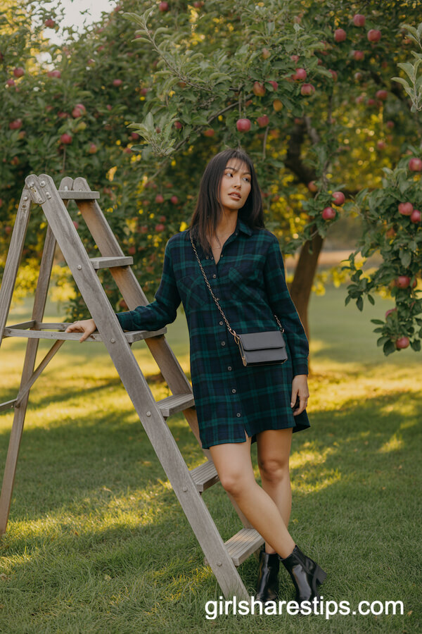 Green Plaid Shirt Dress Ankle Boots
