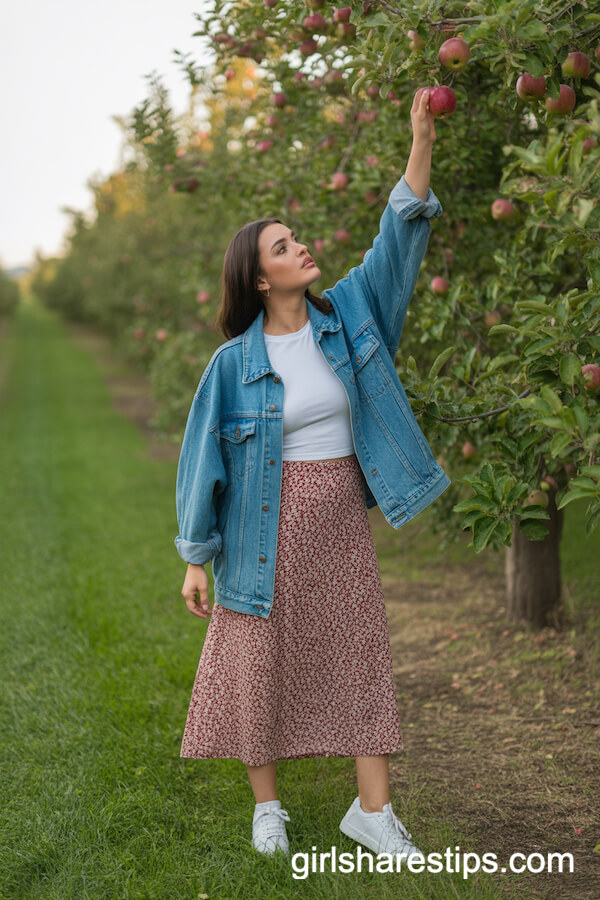 Denim Jacket Paired with Floral Midi Skirt