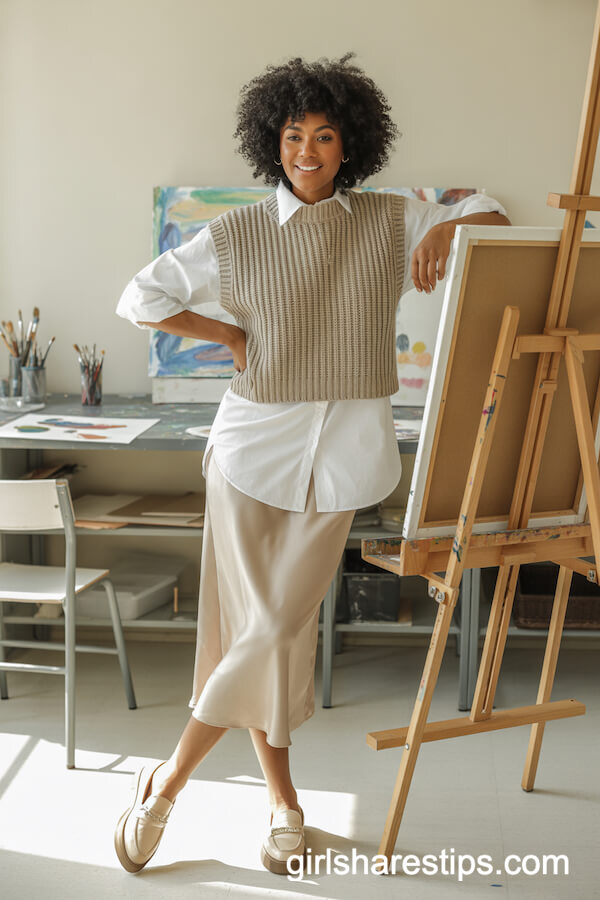 Chunky Knit Vest with Silky Skirt