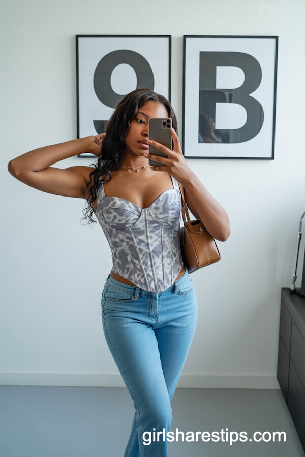 & Gray Corset Top and Light Blue Jeans