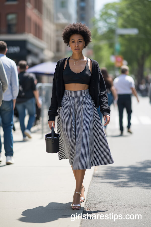 Black Crop Top and Gingham Midi Skirt