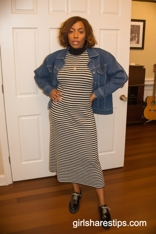 Striped Knit Dress with Denim Jacket
