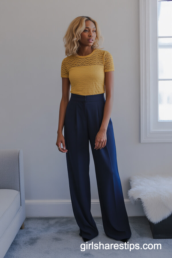 Mustard Lace Top and Navy Wide-Leg Trousers
