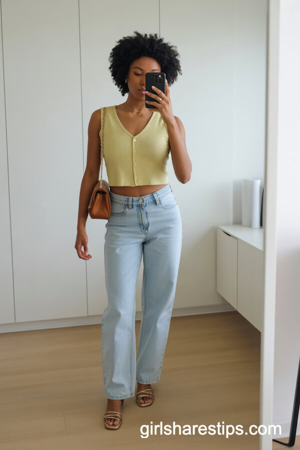 Yellow Ribbed Crop Top and Light Wash Jeans